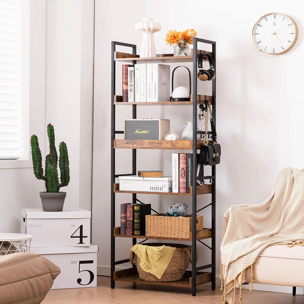 Close view of two shelves and the side hooks, showing the raised front rails on the shelf edges and a bag hanging from the frame