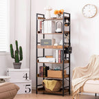 Close view of two shelves and the side hooks, showing the raised front rails on the shelf edges and a bag hanging from the frame