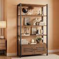 Stowena vintage brown bookshelf with four open shelves above a two door louvered cabinet