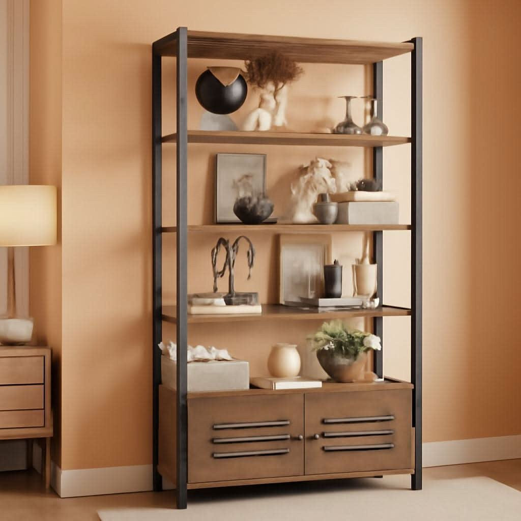 Stowena vintage brown bookshelf with four open shelves above a two door louvered cabinet