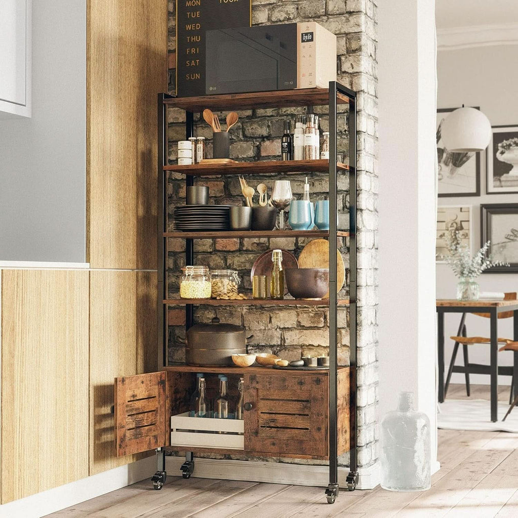 Bookshelf with louvered cabinet in a kitchen holding jars and storage