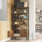Bookshelf with louvered cabinet in a kitchen holding jars and storage
