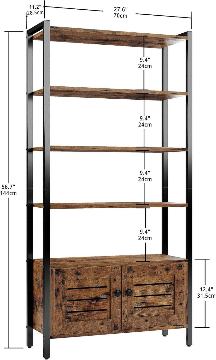 Dimension diagram: 27.6 in wide, 11.2 in deep, 56.7 in tall, 9.4 in shelf spacing, 12.4 in cabinet