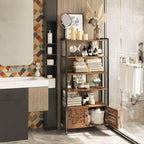 Louvered door bookshelf in a bathroom holding towels and toiletries