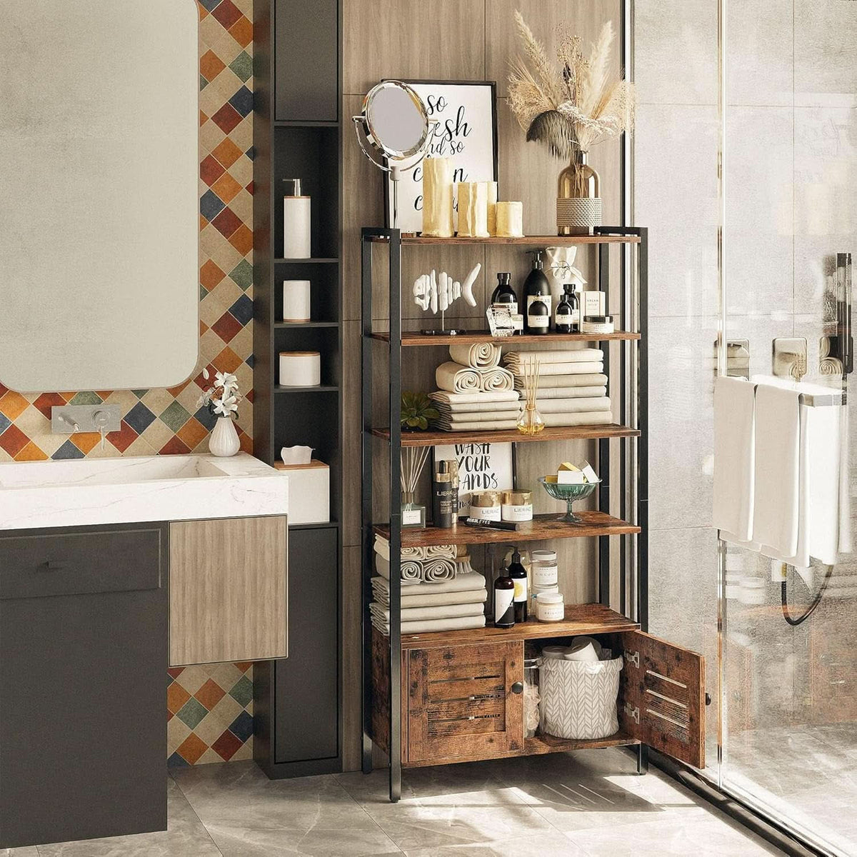 Louvered door bookshelf in a bathroom holding towels and toiletries