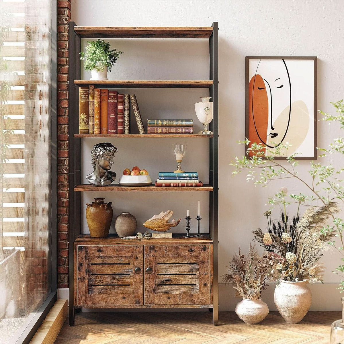 Vintage brown shelving unit in a living room holding books and vases