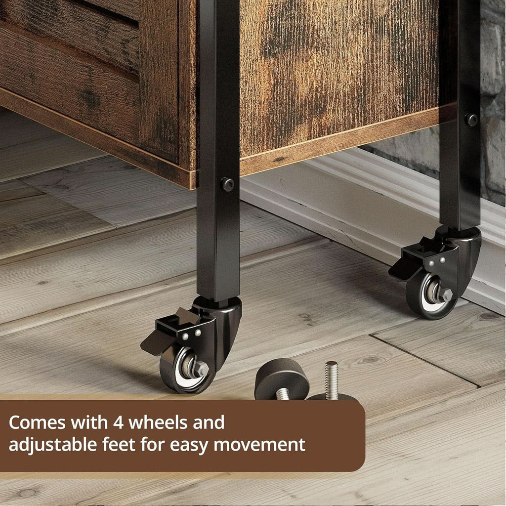 Close view of the four wheels and the adjustable levelling feet