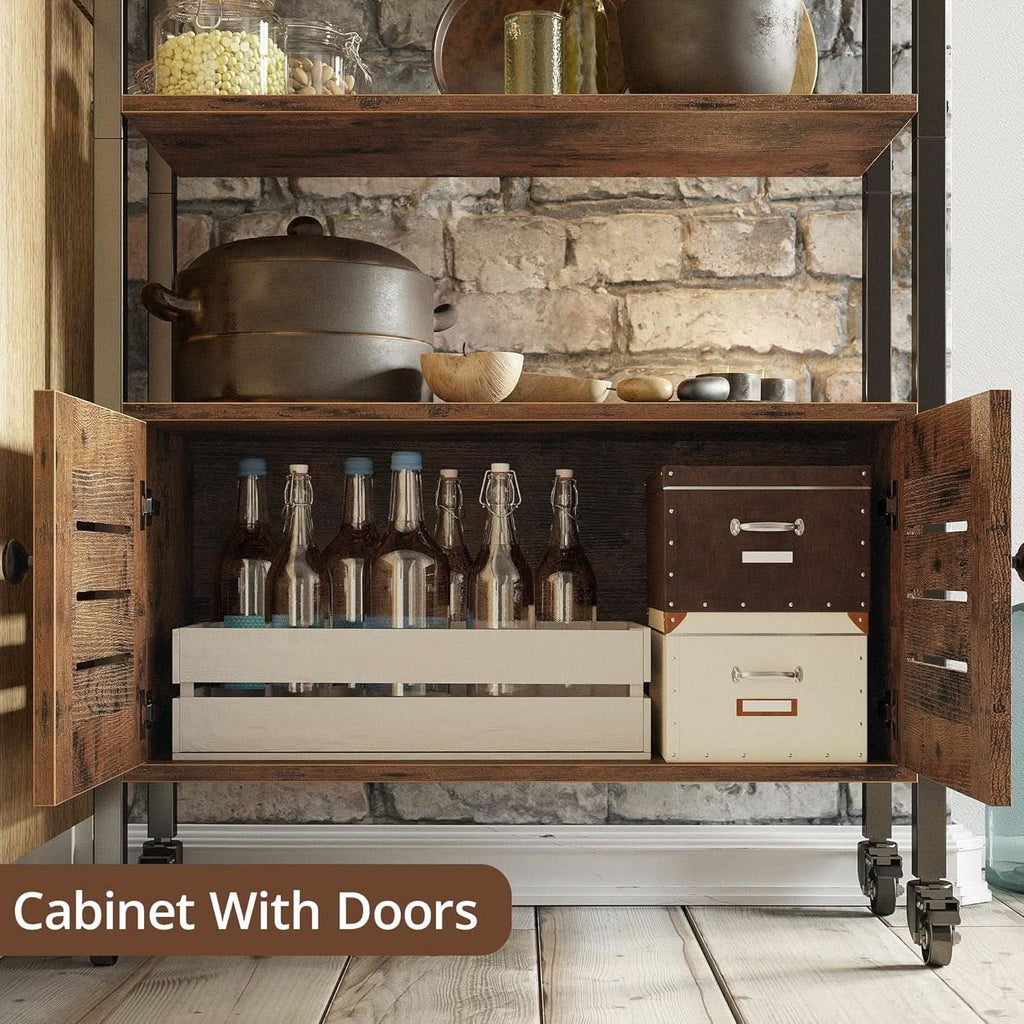 The louvered cabinet doors open, showing the interior storage space