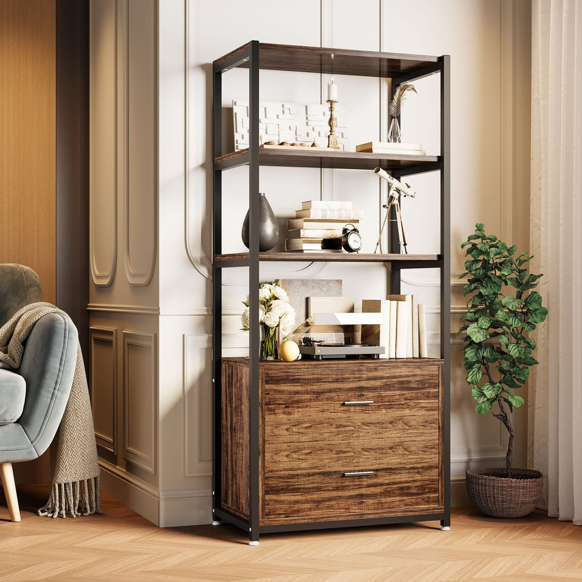 4 Tier Bookshelf with 2 Drawers, view 1