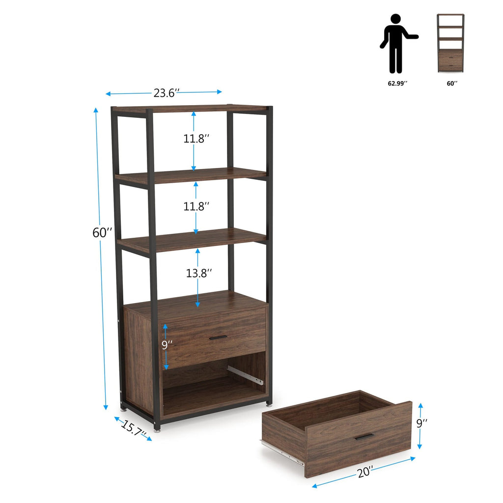 4 Tier Bookshelf with 2 Drawers, dimensions diagram
