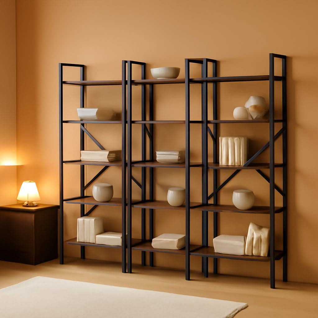 Stowena wide rustic brown bookshelf with 11 open shelves against a living room wall