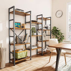 Eleven shelf bookcase in a home office holding books, baskets and framed art