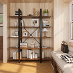 Stowena 5 tier rustic brown bookshelf styled against a living room wall