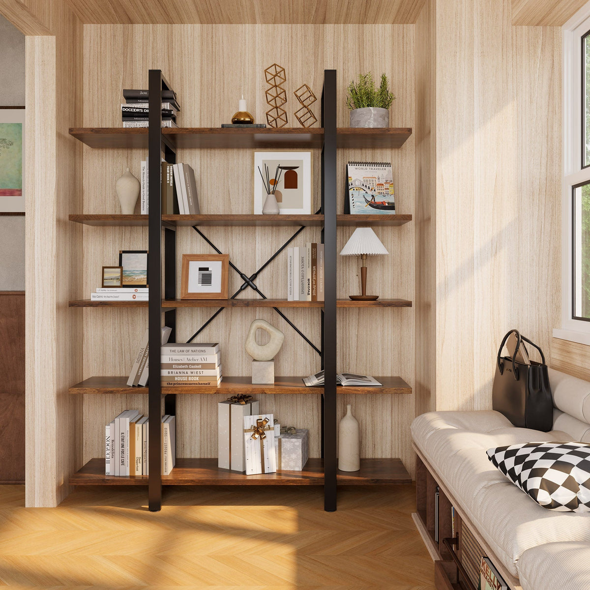 Stowena 5 tier rustic brown bookshelf styled against a living room wall