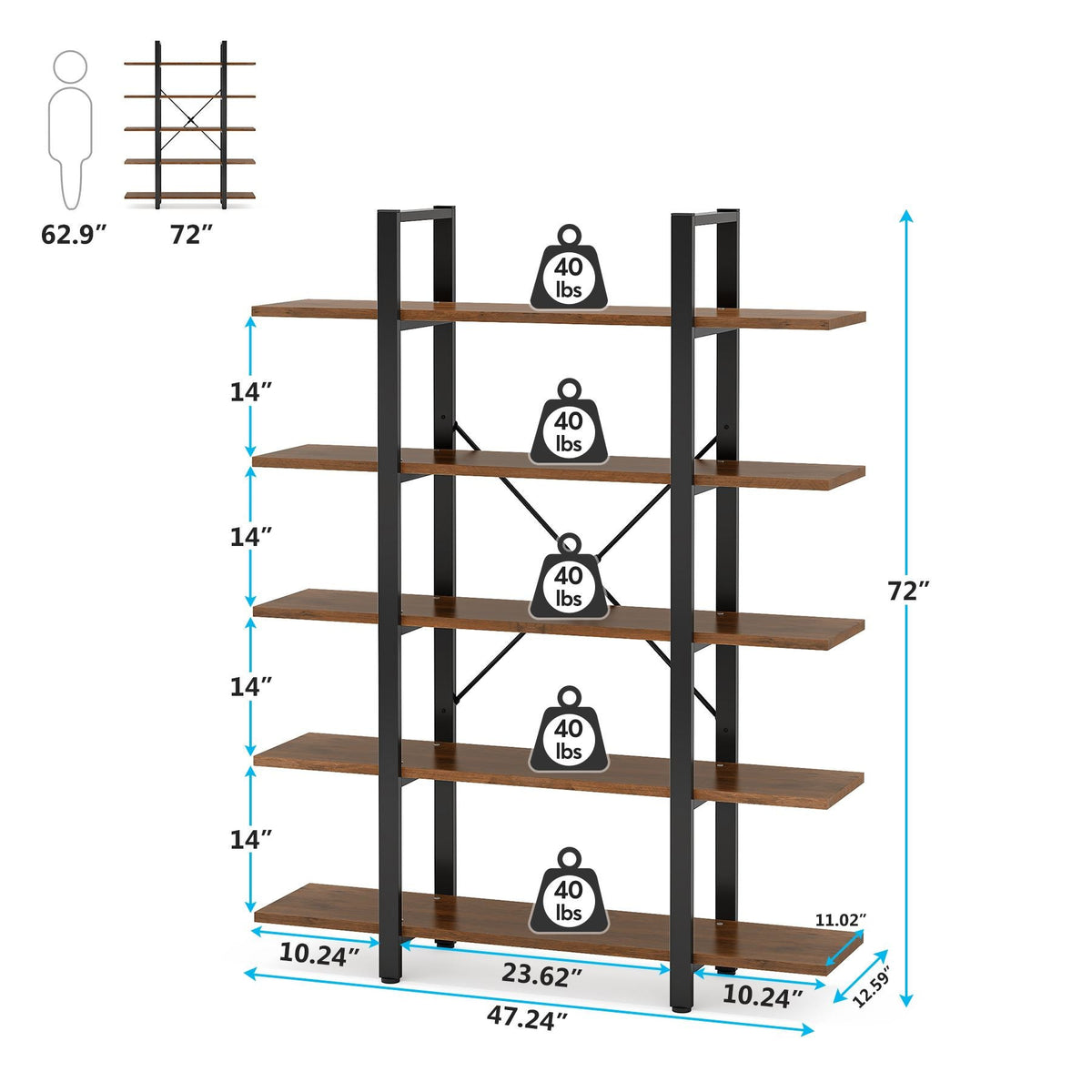 Dimension diagram: 47.24 in wide, 11.02 in deep, 72 in tall, 14 in between shelves, 40 lb per shelf