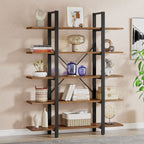 Open etagere bookcase holding books, frames and plants in a living room