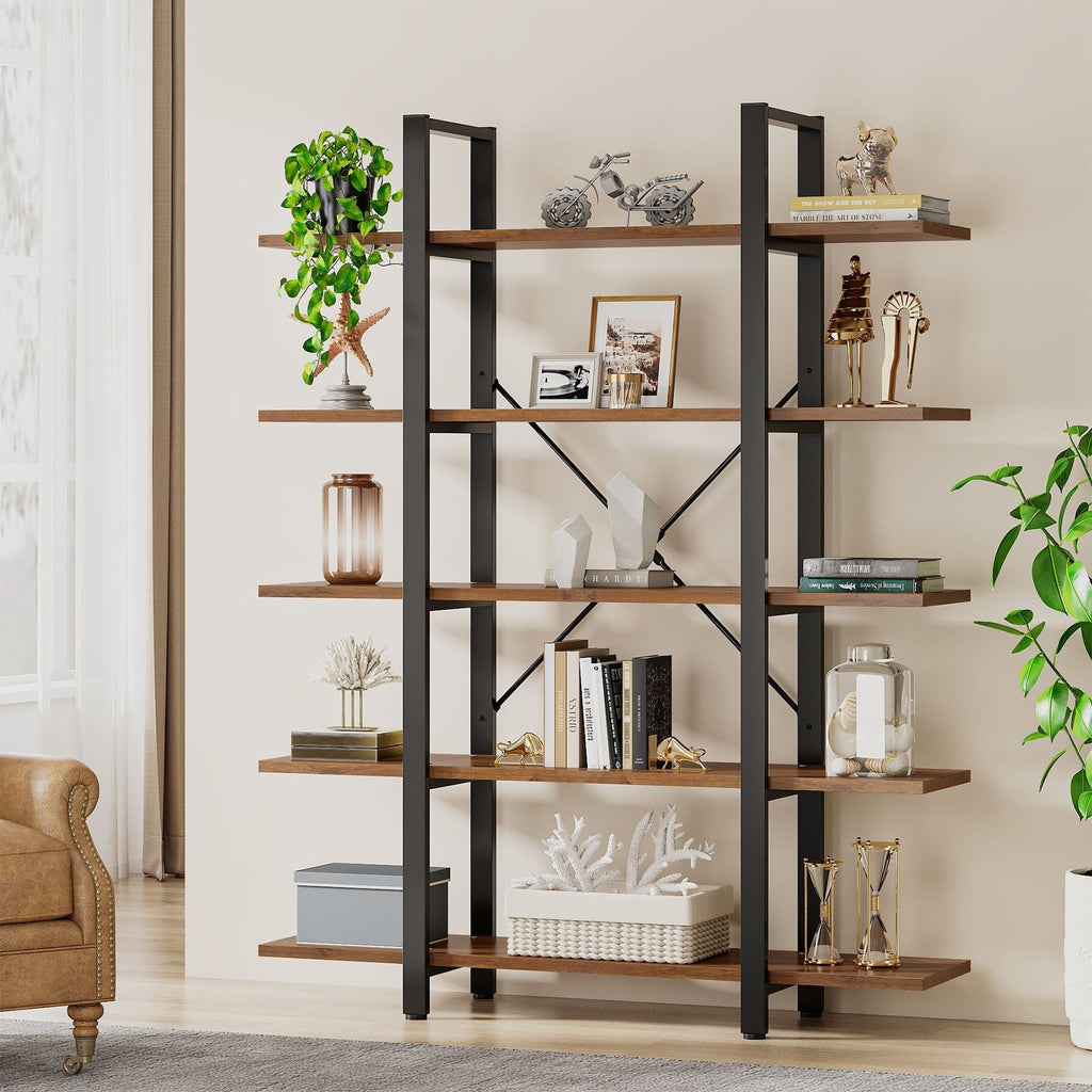 Five tier bookshelf beside a reading chair in a home office