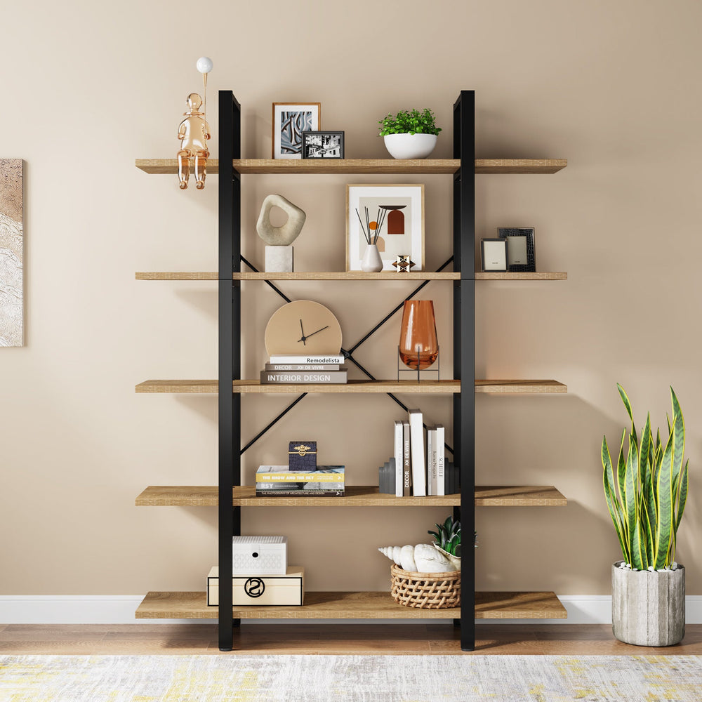 Rustic brown bookshelf styled with books and decor against a plain wall