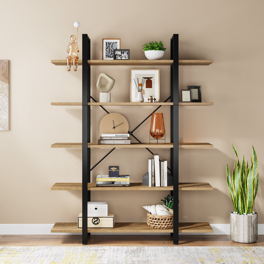 Rustic brown bookshelf styled with books and decor against a plain wall
