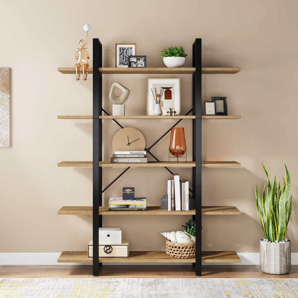 Rustic brown bookshelf styled with books and decor against a plain wall