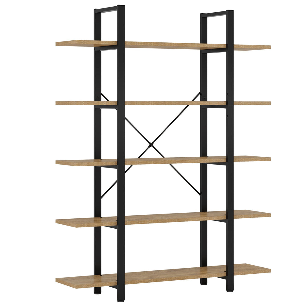 Angled view of the steel frame and five engineered wood shelves