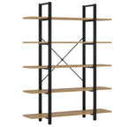 Angled view of the steel frame and five engineered wood shelves