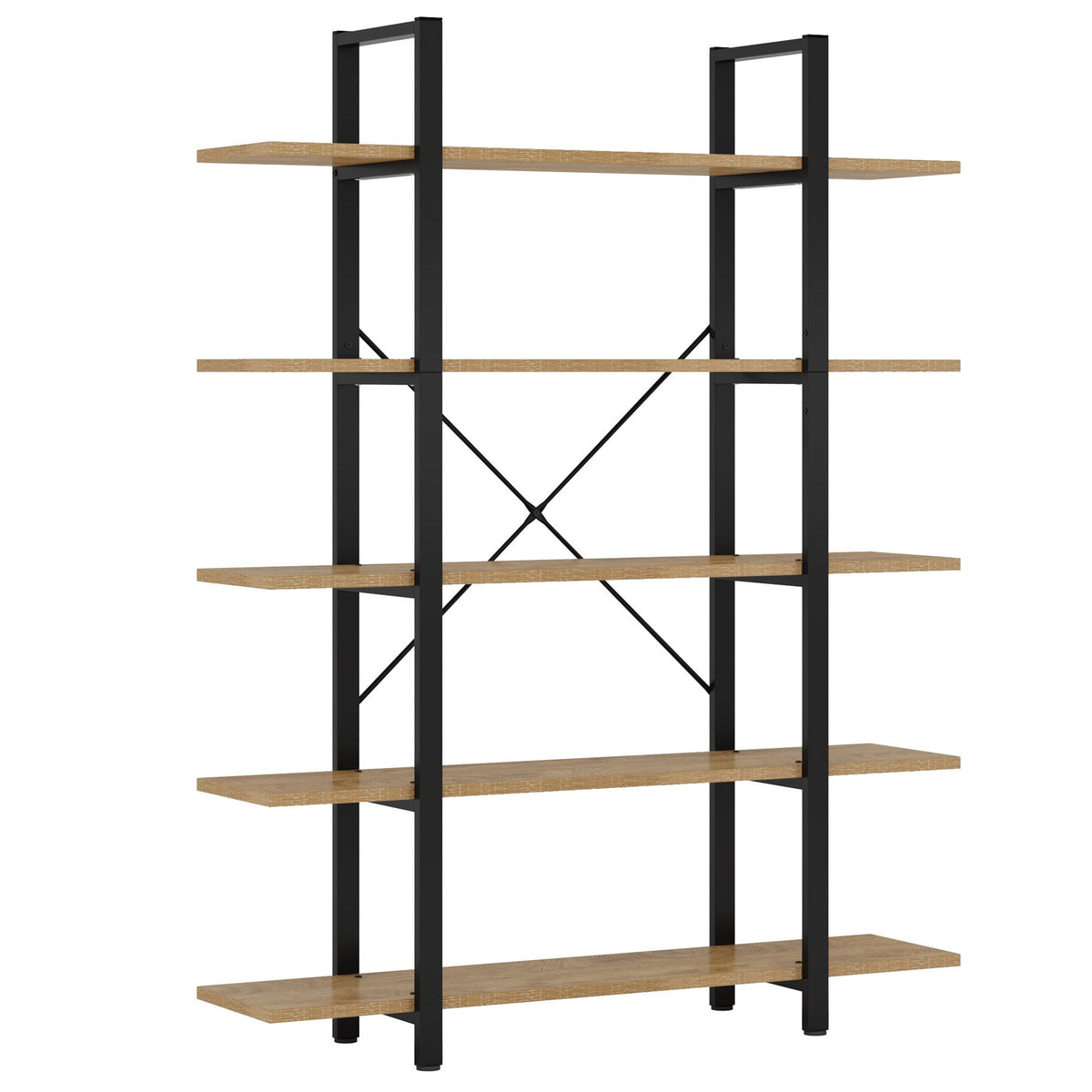 Angled view of the steel frame and five engineered wood shelves