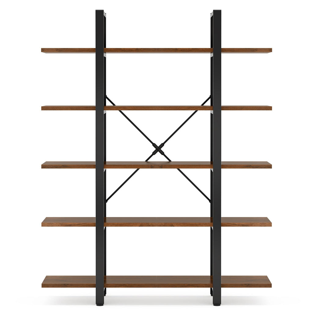 Front view of the 47 inch five tier bookshelf with the rear X brace visible