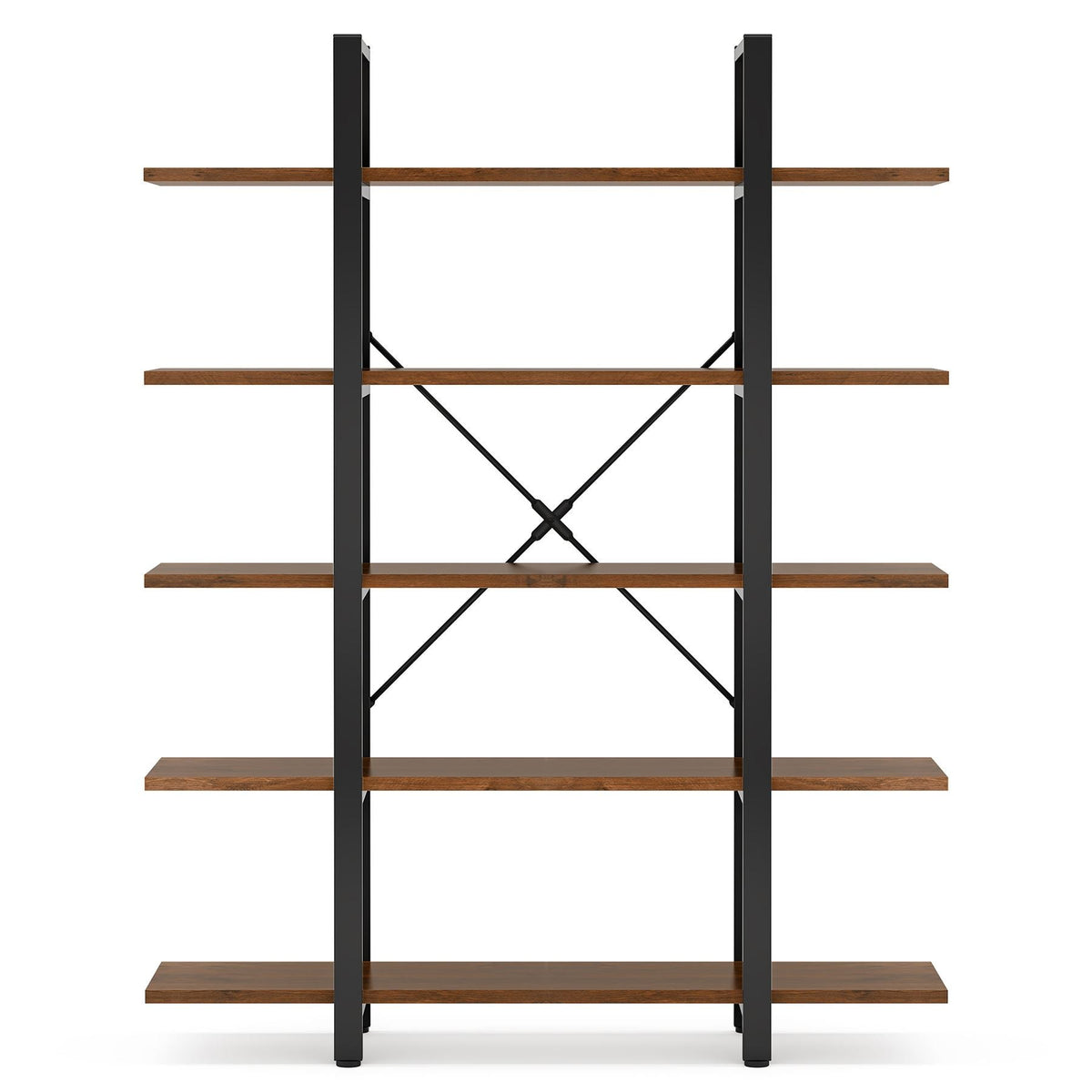 Front view of the 47 inch five tier bookshelf with the rear X brace visible