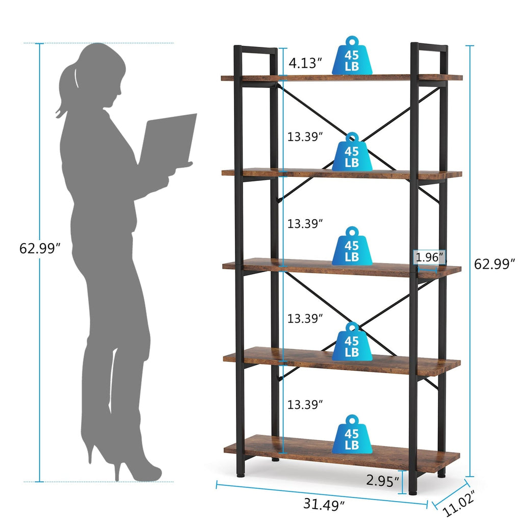 5 Tier Bookshelf with X Back Frame, dimensions diagram