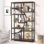 Stowena 9 shelf etagere bookcase with a half moon iron frame in a living room