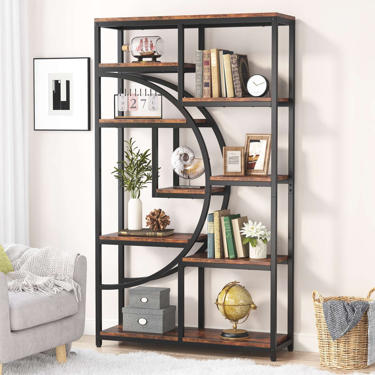 Stowena 9 shelf etagere bookcase with a half moon iron frame in a living room