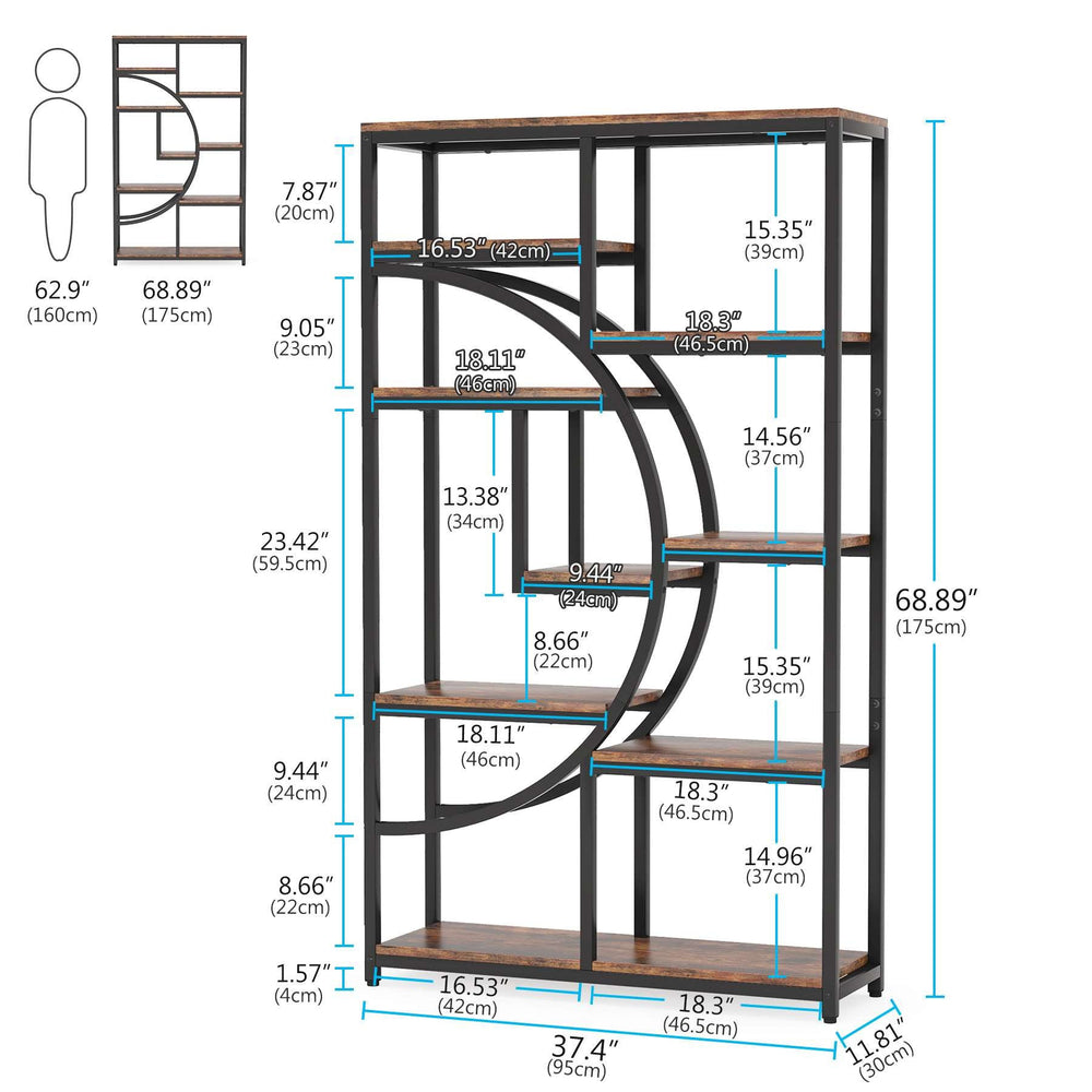 Dimension diagram: 37.4 in wide, 11.81 in deep, 68.89 in tall, shelf openings 8.66 to 23.42 in