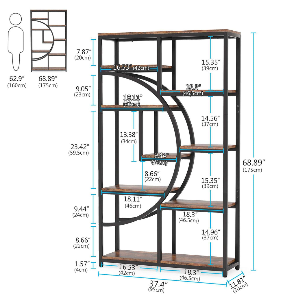 Dimension diagram: 37.4 in wide, 11.81 in deep, 68.89 in tall, shelf openings 8.66 to 23.42 in