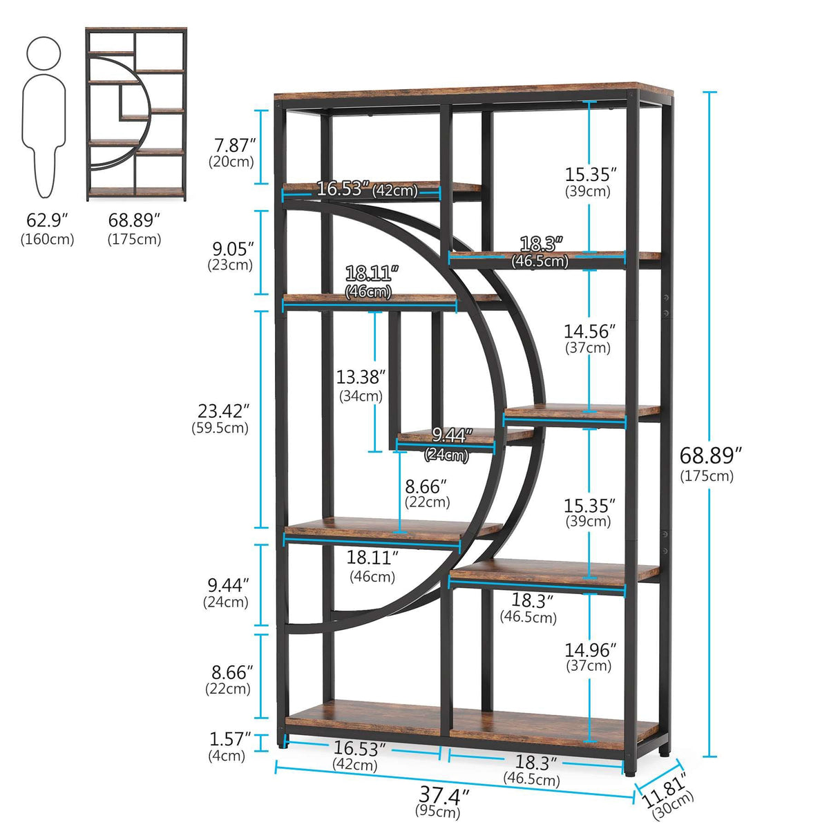 Dimension diagram: 37.4 in wide, 11.81 in deep, 68.89 in tall, shelf openings 8.66 to 23.42 in