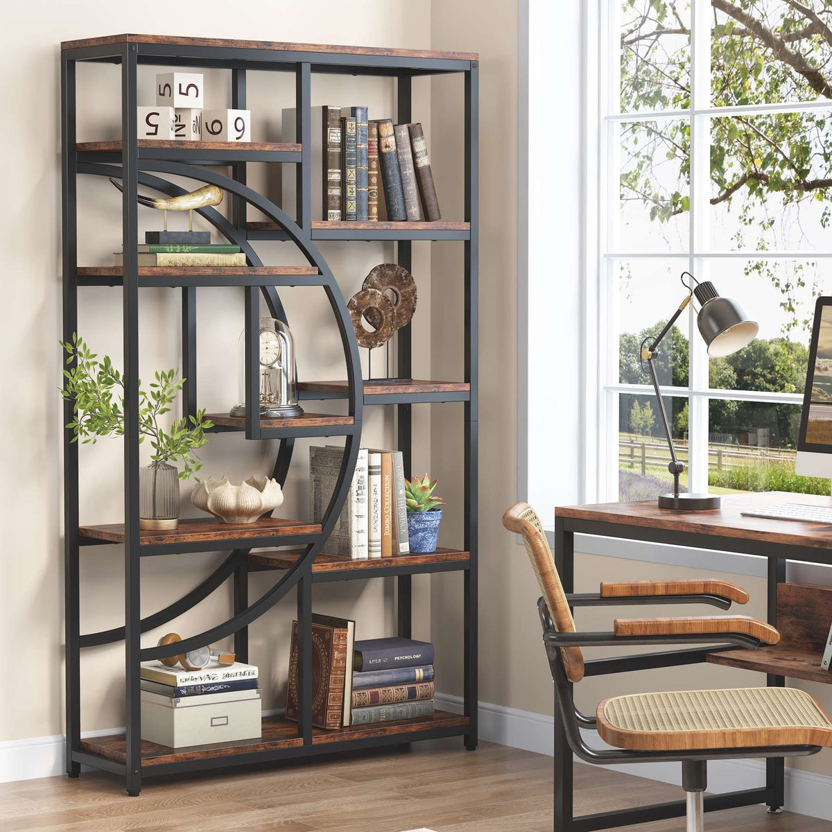 Nine shelf bookcase beside a desk in a home office