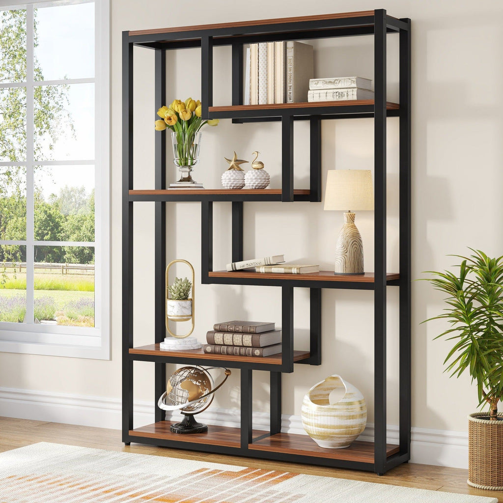 Stowena 5 tier walnut brown industrial bookshelf with staggered shelves in a living room