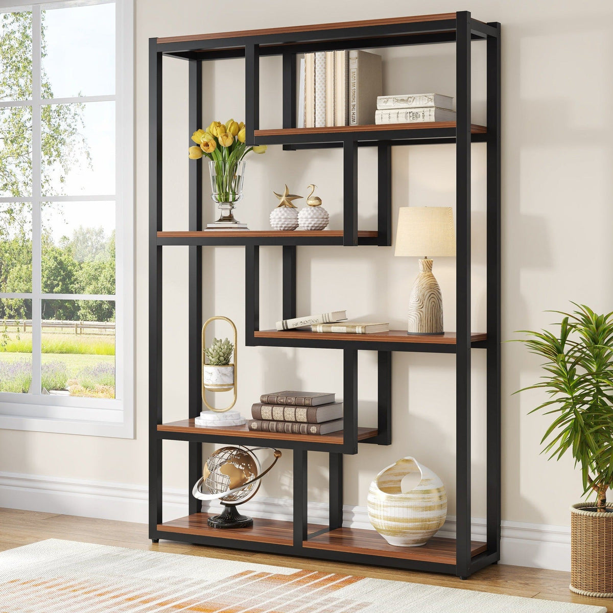 Stowena 5 tier walnut brown industrial bookshelf with staggered shelves in a living room