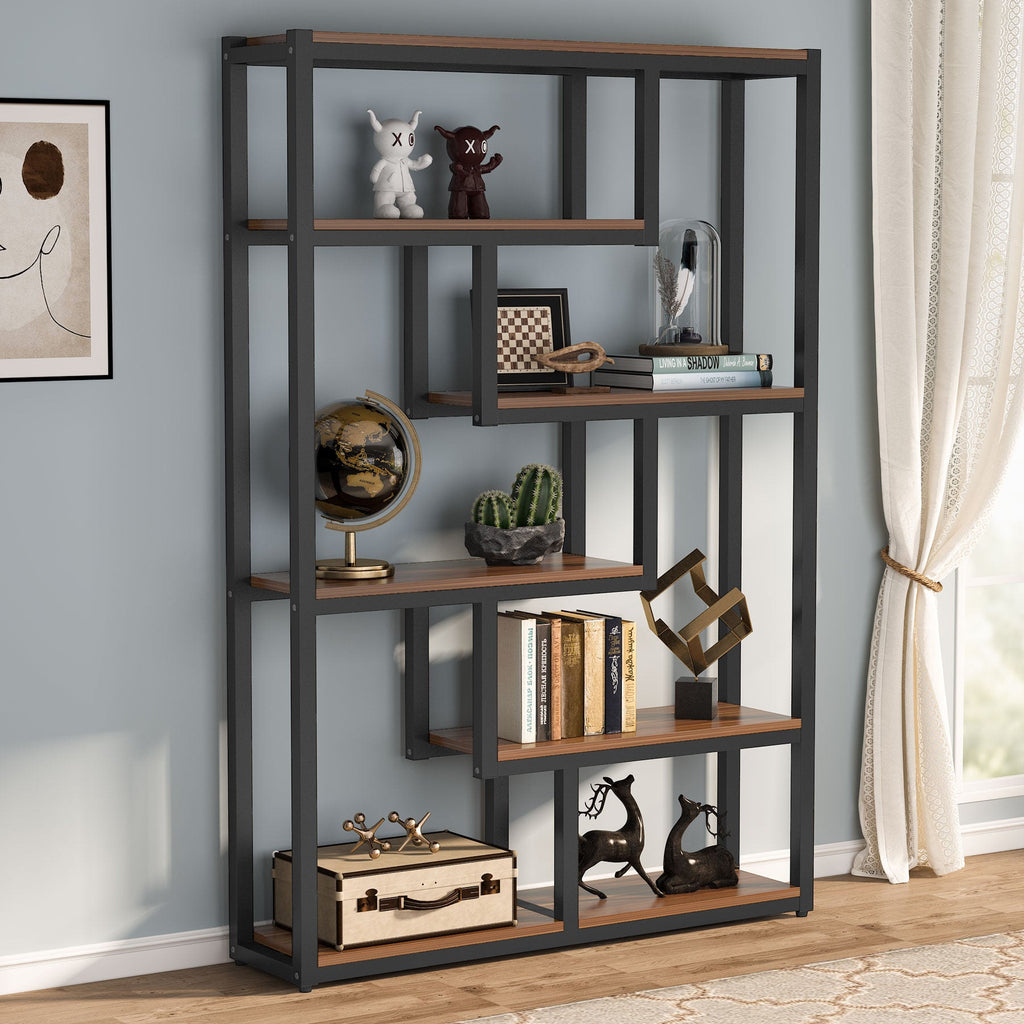 Staggered shelf bookcase holding books, plants and ornaments