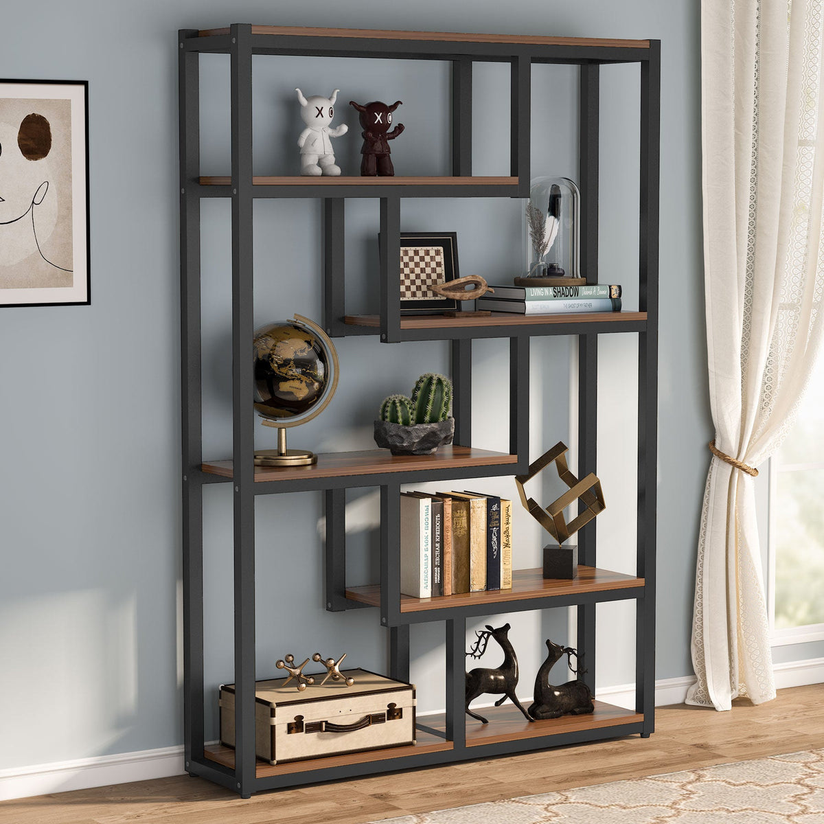 Staggered shelf bookcase holding books, plants and ornaments