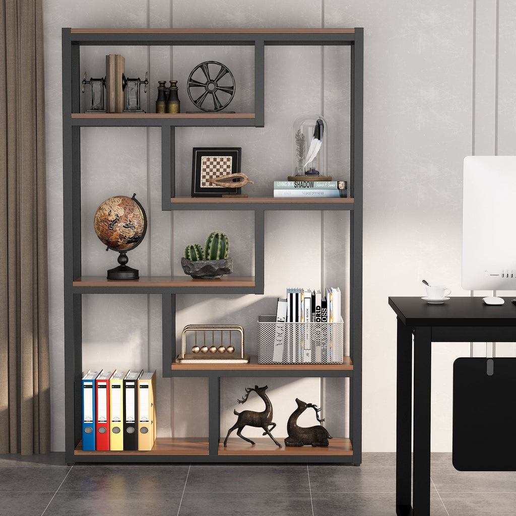 Industrial etagere beside a desk in a home office