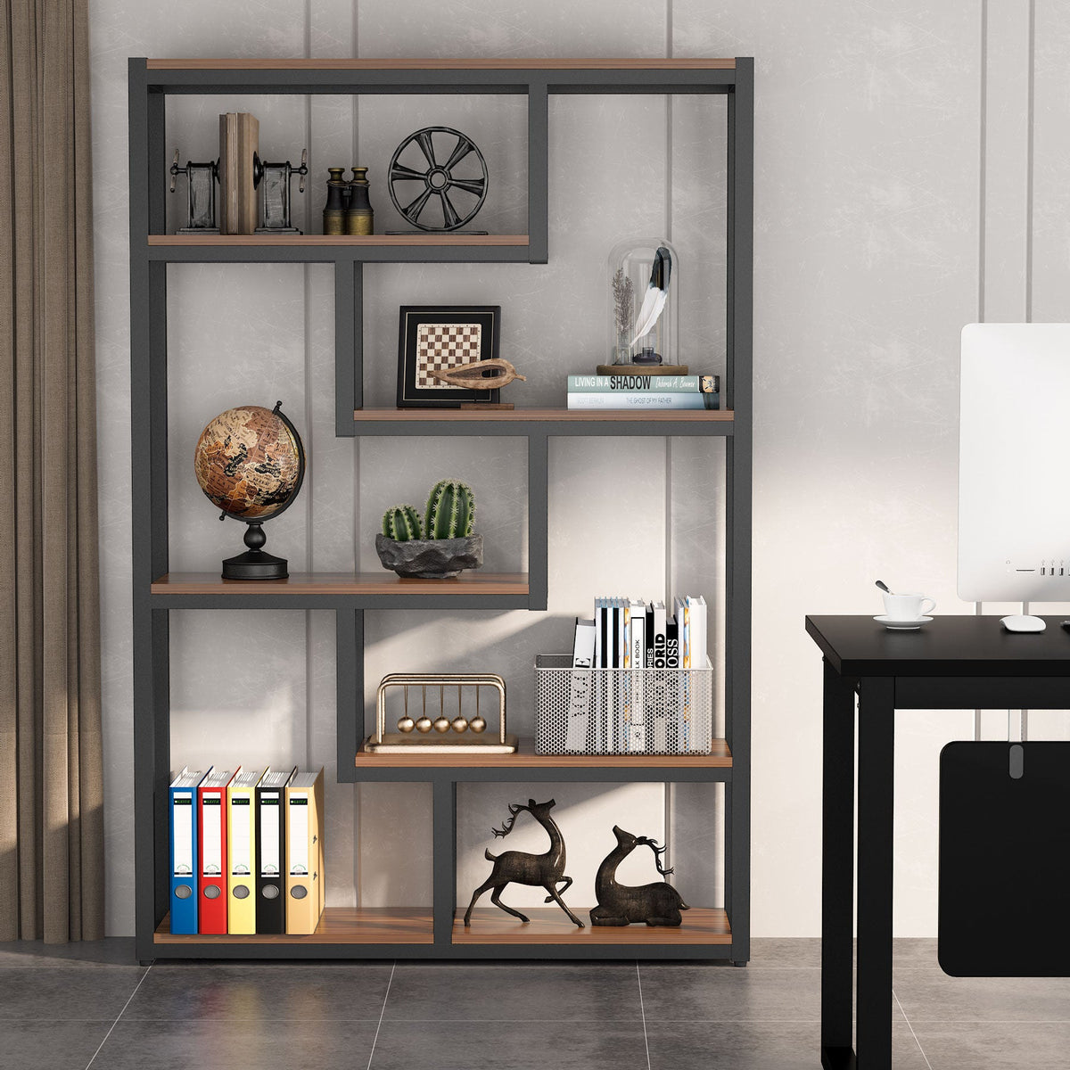 Industrial etagere beside a desk in a home office