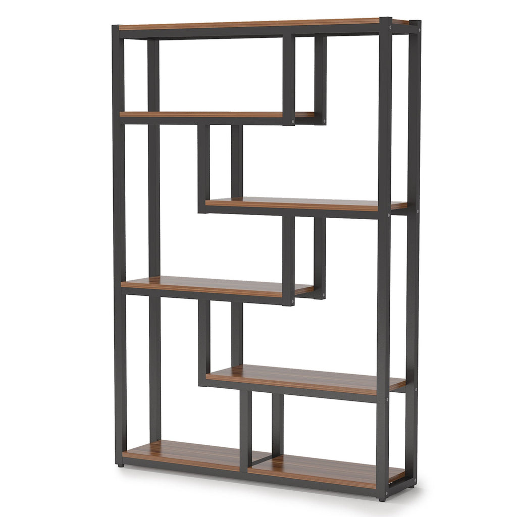 Angled product view of the staggered shelves and black steel frame