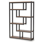 Angled product view of the staggered shelves and black steel frame