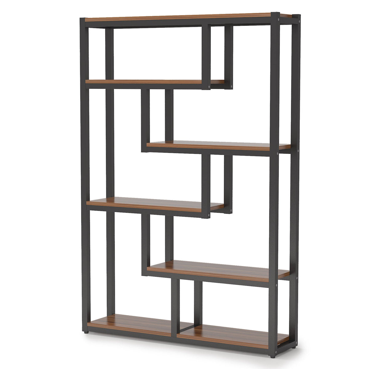Angled product view of the staggered shelves and black steel frame