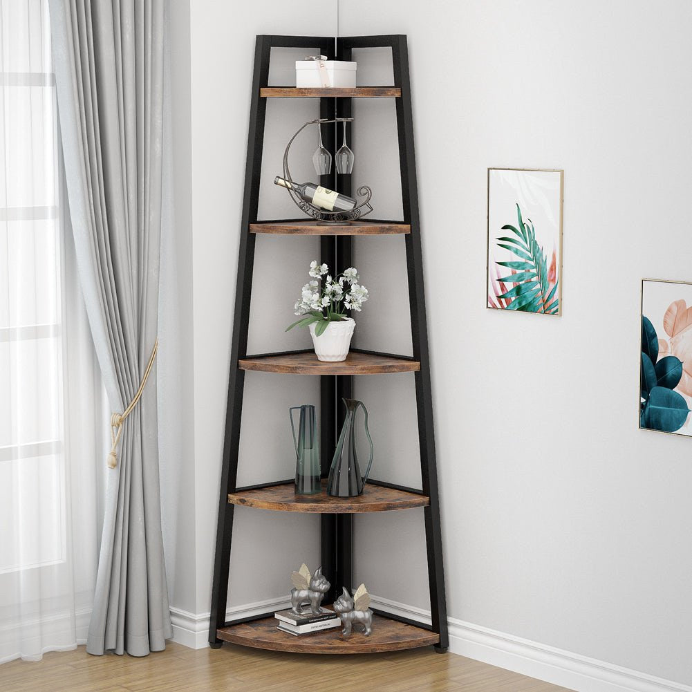 Stowena 5 tier rustic brown corner shelf standing in a living room corner