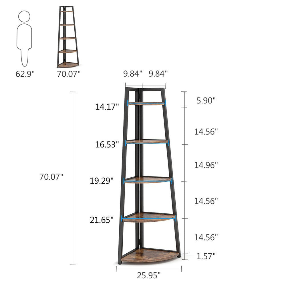 Dimension diagram: 70.07 in tall, 25.95 in across the back corner, shelf depths 14.17 to 21.65 in