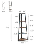 Dimension diagram: 70.07 in tall, 25.95 in across the back corner, shelf depths 14.17 to 21.65 in