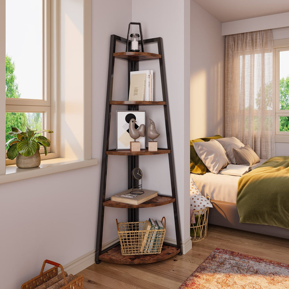 Corner bookshelf holding books, a plant and decor beside a bedroom window