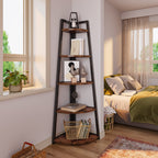 Corner bookshelf holding books, a plant and decor beside a bedroom window